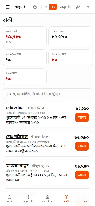 ফোনে বাকীর তালিকা
