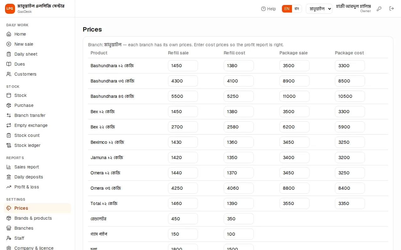 Prices page